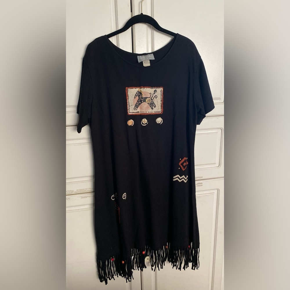 Black Fringe Dress with Embroidered Accents